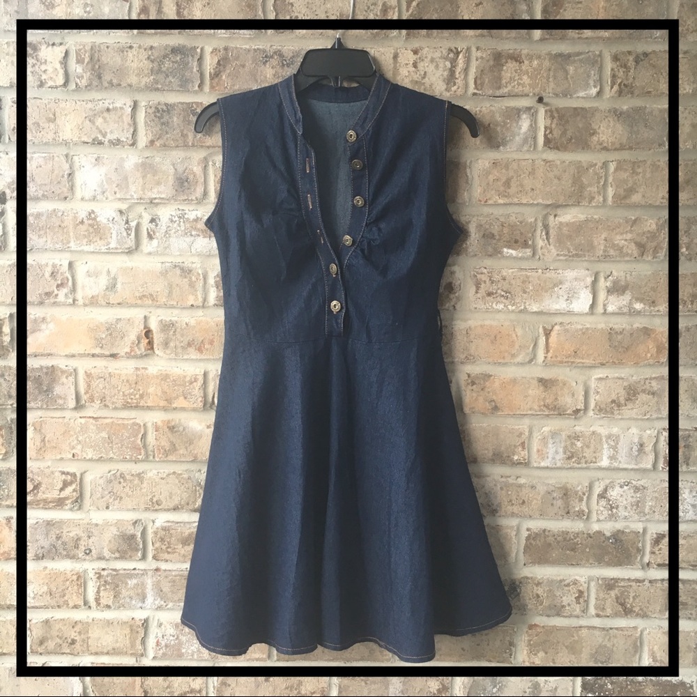 🆕 JEAN DRESS MIDI FLARE DARK DENIM METAL BUTTONS